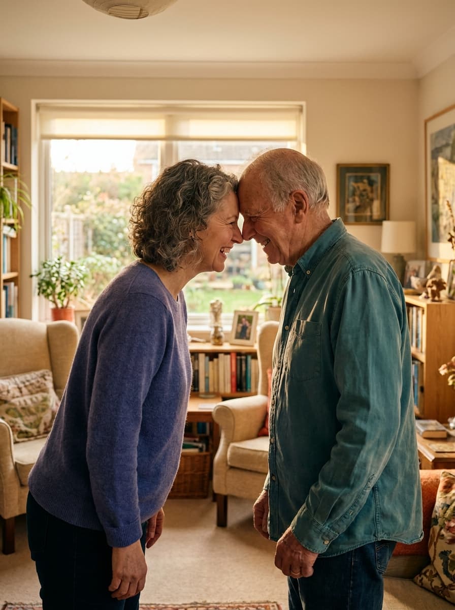 An adult daughter and her senior father laughing together at home