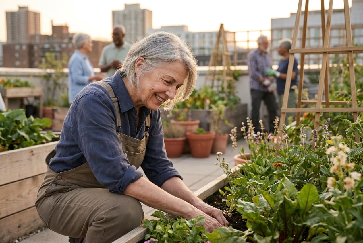A senior woman tending a garden bed on a community terrace