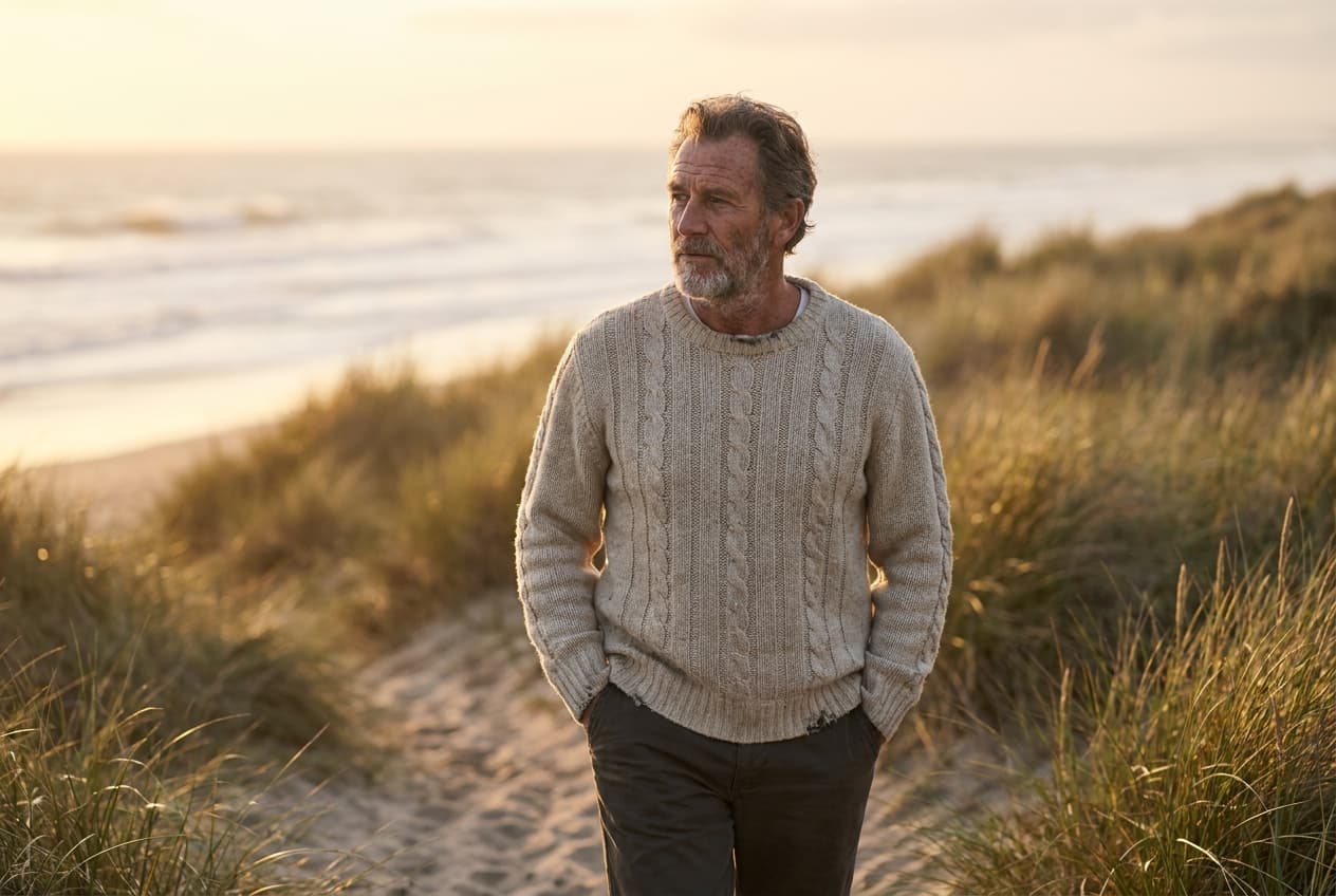 A senior man walking a coastal path at golden hour