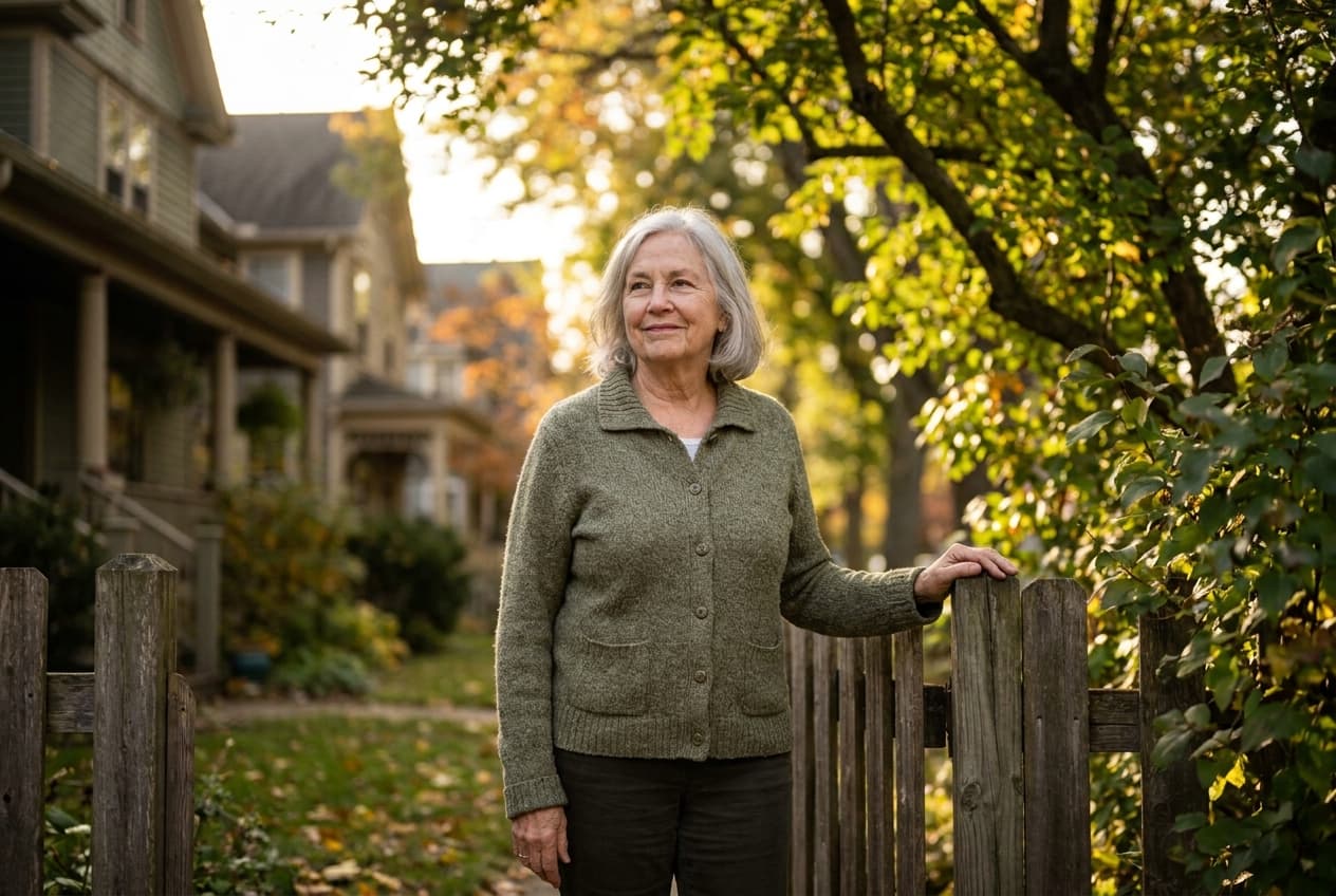 A senior woman smiling in a leafy neighborhood